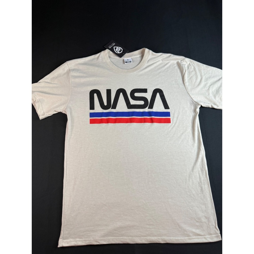 Where I'm From NASA Graphic T-Shirt Beige Red Blue Stripe Small NWT